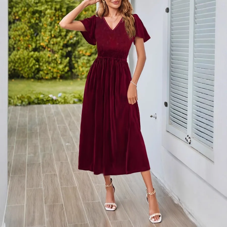 

【Новый стиль】- Новое европейское и американское длинное платье с V-образным вырезом и широким подолом, модное трикотажное платье с короткими рукавами.