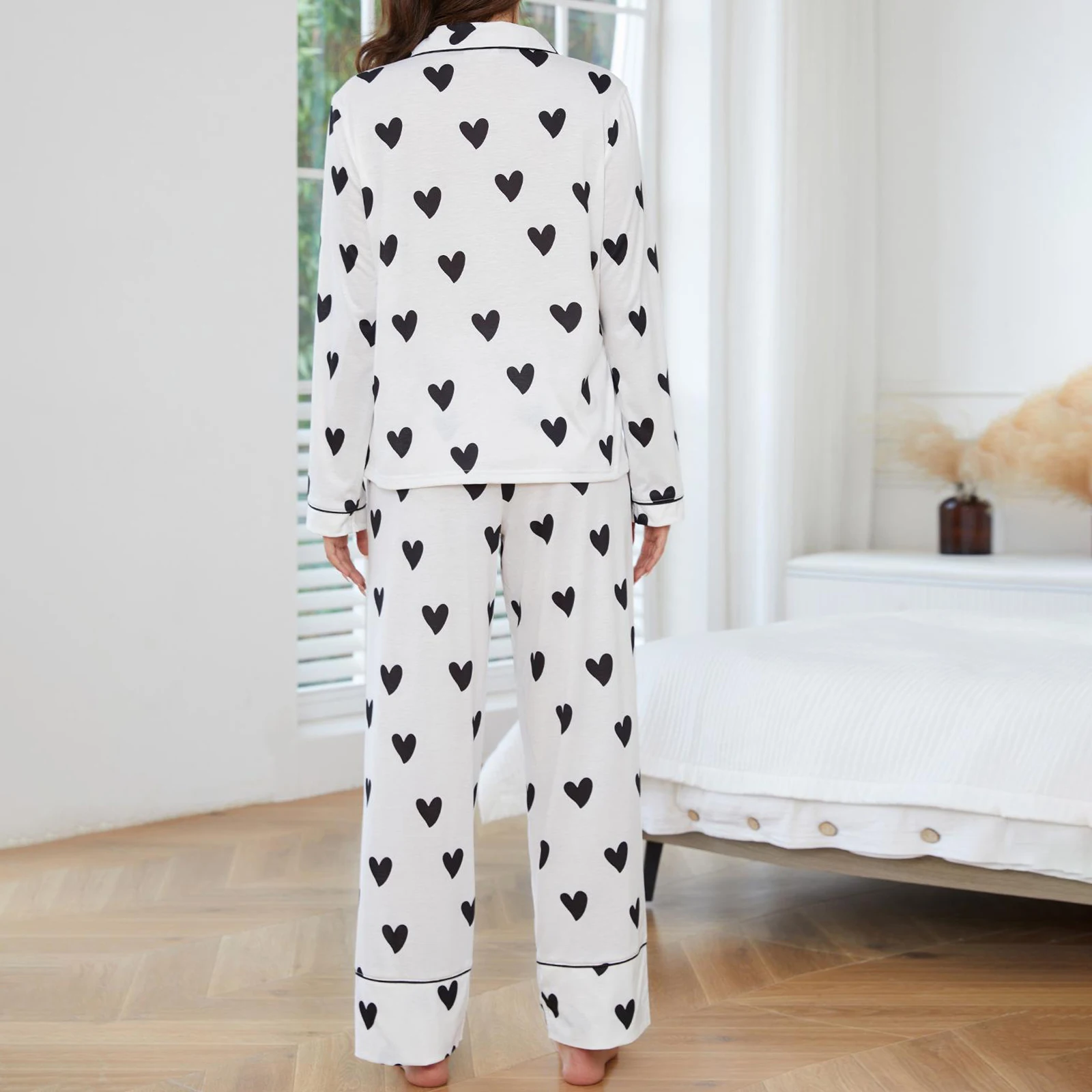 Women s Heart Print Loungewear Set Long Sleeve Lapel Button Down Tops with Elastic Waist Long Pants Fall Sleepwear