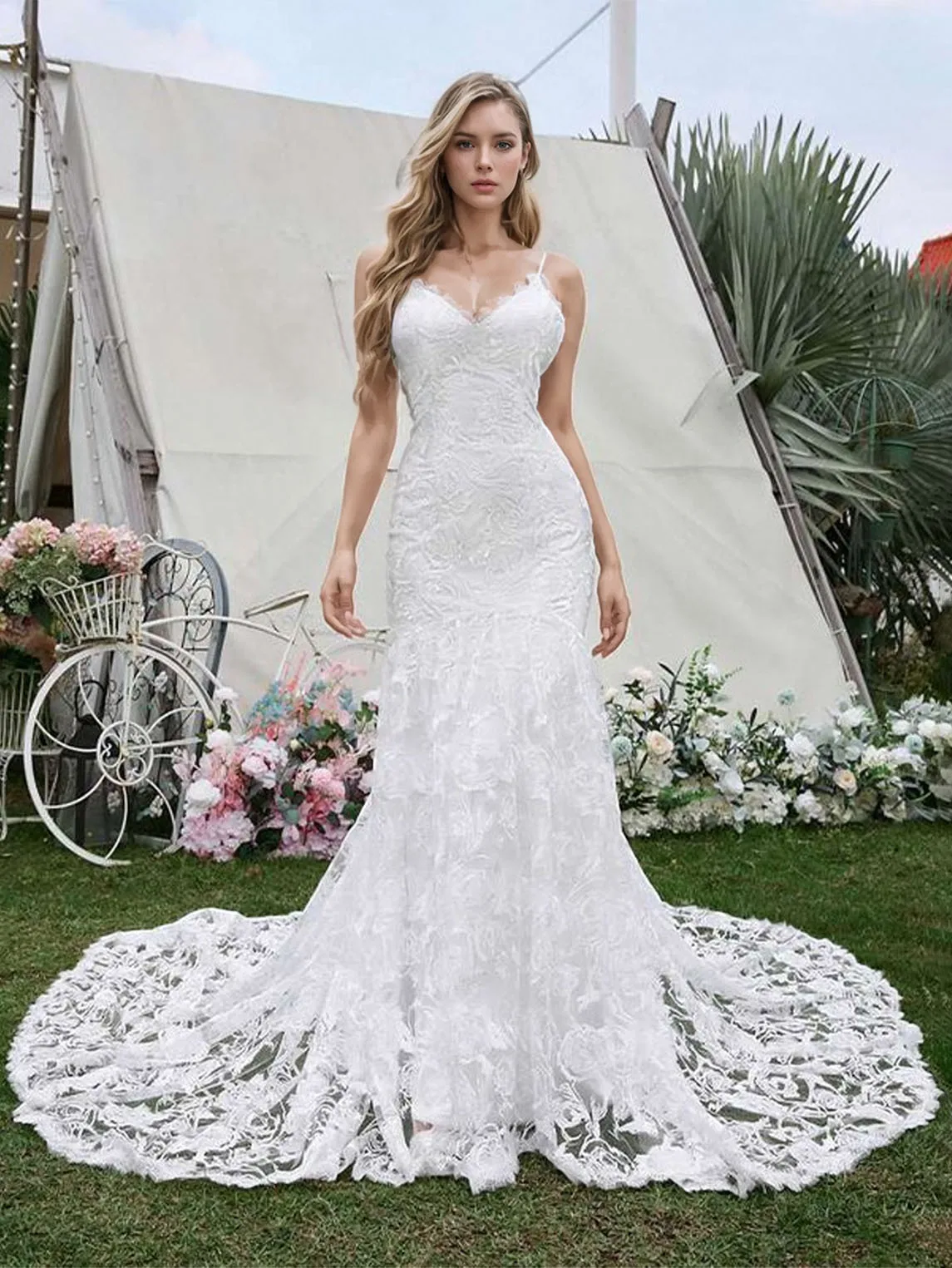 

Elegant Romantic Mermaid Wedding Dress Spaghetti Strap Lace Bridal Gown Appliques Sweep Train Sleeveless 2025 Free Customized