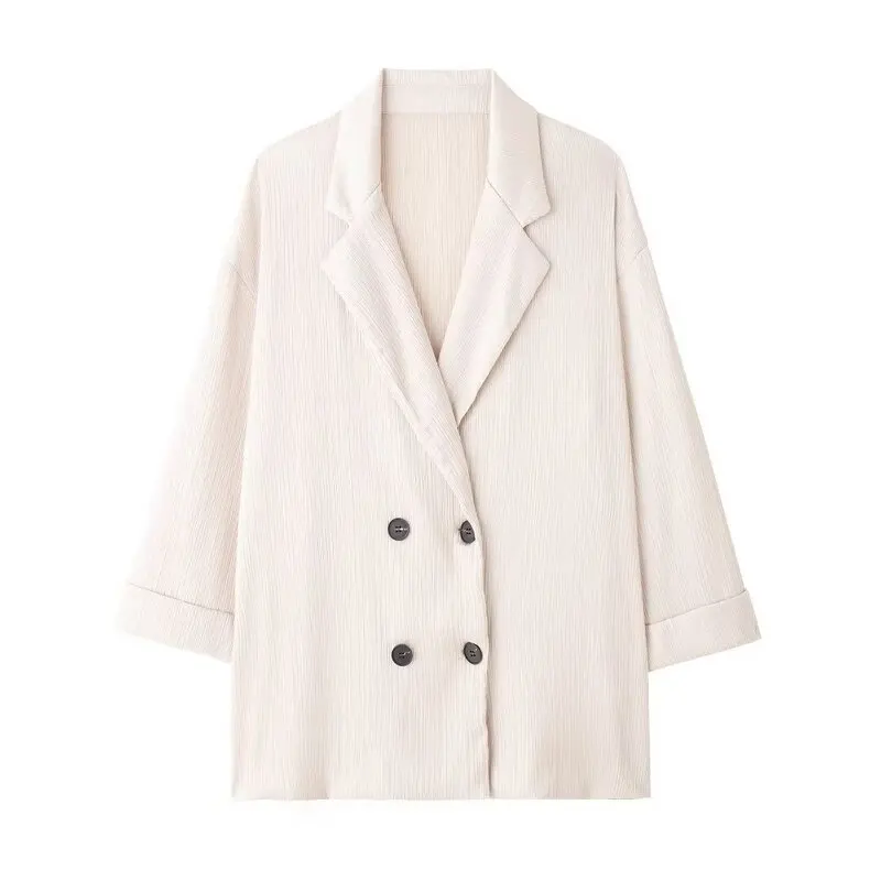 ฤดูร้อน 2024 ผู้หญิงหลวมอเนกประสงค์ริ้วรอยผลคู่ชุด Jaet Faionable ยาว Sve ปุ่ม 2 ชิ้นชุด