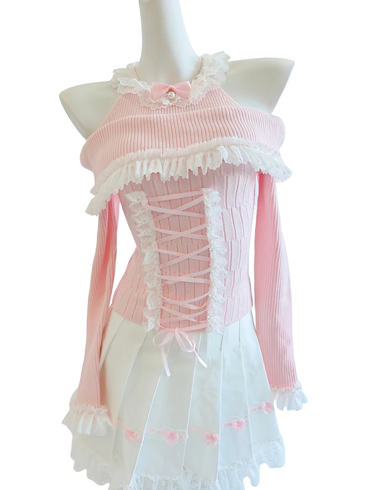 

Sweet Pullovers Women Autumn Lace Trim Slash Neck Long Sleeve Lace-up Cute Tops for Kawaii Girls Slim Sweaters Ulzzang Harajuku