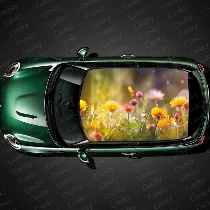 Spring Wildflowers Car Roof Sticker Wrap Racing SUV Accessories Packaging Painted PVC Custom Car Graphic Decal