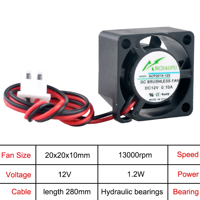 Mikro wentylator chłodzący ACP2010 2cm 20mm 20x20x10mm DC5V 12V 24V 0.10A 2-pinowy do drukarki, zasilacza, Raspberry Pi — zdjęcie produktu 5