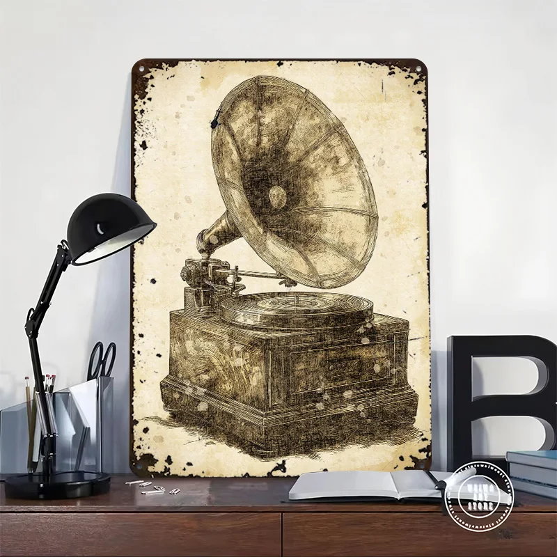 Vintage Gramophone Printed Poster Customized Retro Wall Art Vintage Metal Tin Signs for Modern Home Decoration Luxury House Room
