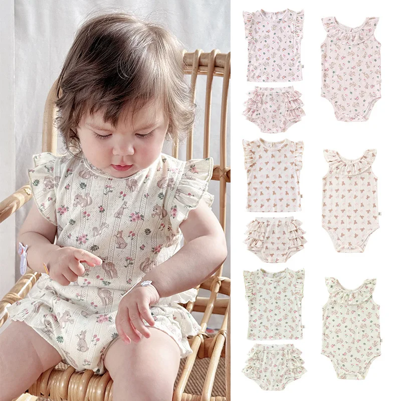 2026 Summer Baby Girls Babygrow Suspender Outfit Ruffle Trim Bodysuit Two Piece Set Cute Casual Clothes For Toddler Infant Baby