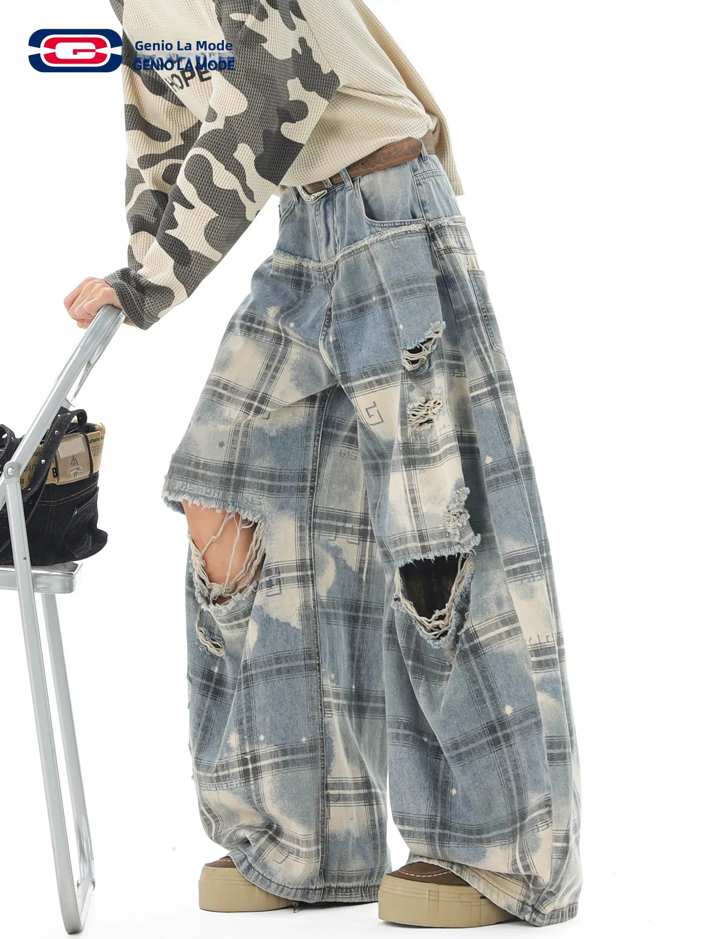 Genio Lamode Men's Denim Jeans Blue Plaid Hole Design Wide Leg Long Pants Autumn Casual Cotton Polyester Blend Youth Fashion