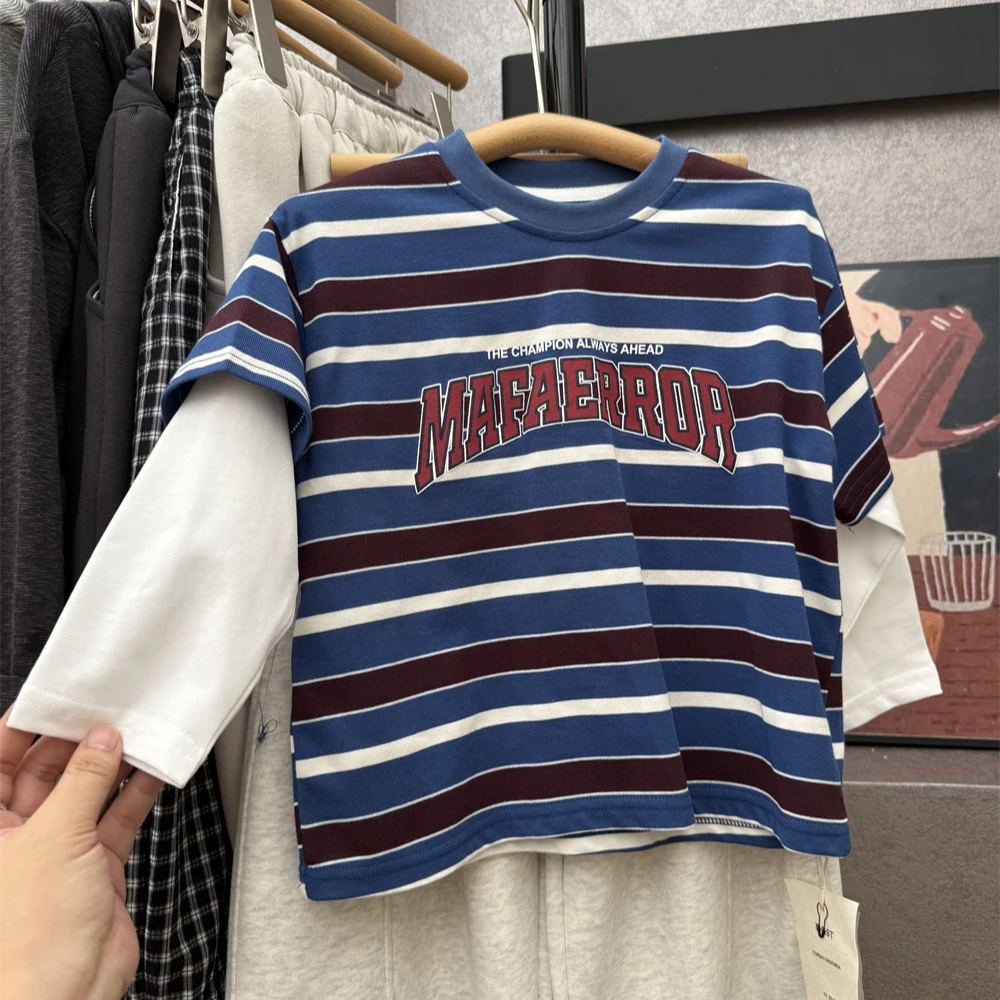 Boys T-shirt 2026 Spring and Autumn New Childrens Clothing Korean Boys and Girls Striped Fake Two Letters Long Sleeve T-shirt