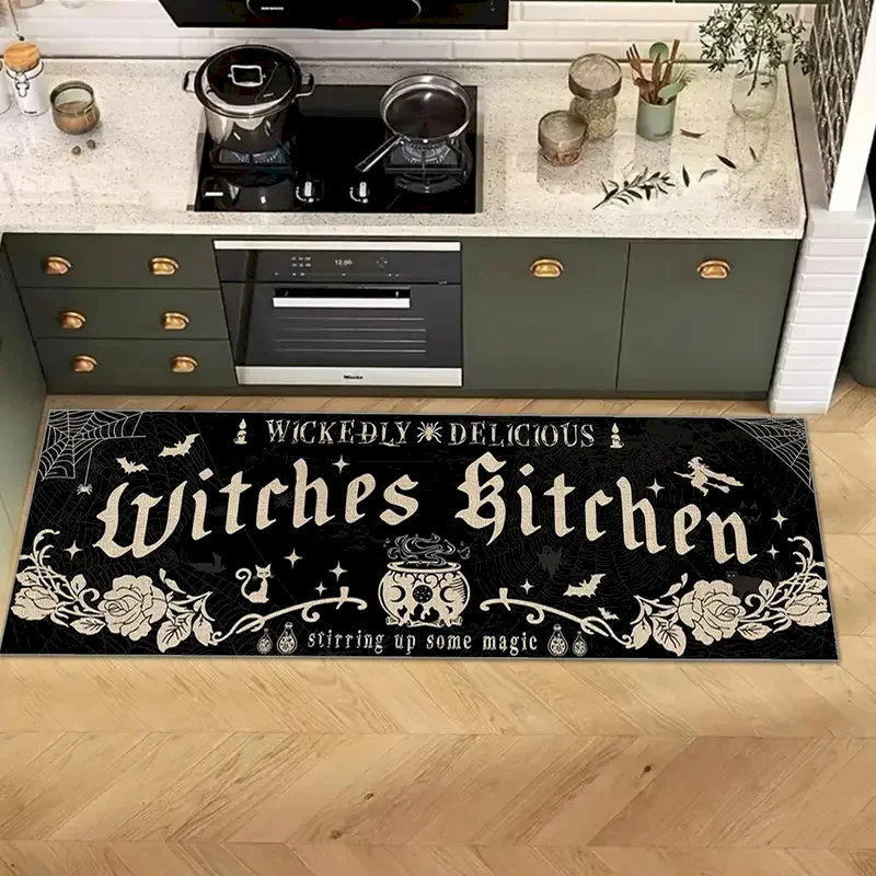 VIKAMA Witch Kitchen Halloween Running Carpet Kitchen Non slip Floor Mat Gothic Letter Printed Floor Mat Home Decoration