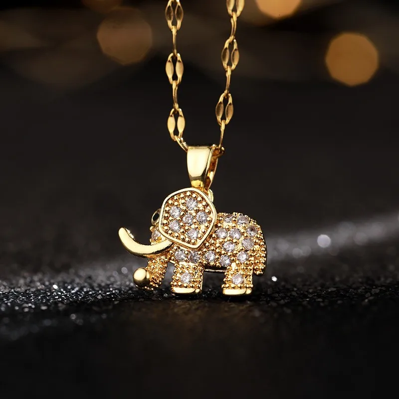 Cute Elephant Cubic Zirconia Pendant Necklaces For Women and Men Golden Copper Metal Necklace Versatile Daily Party Jewelry