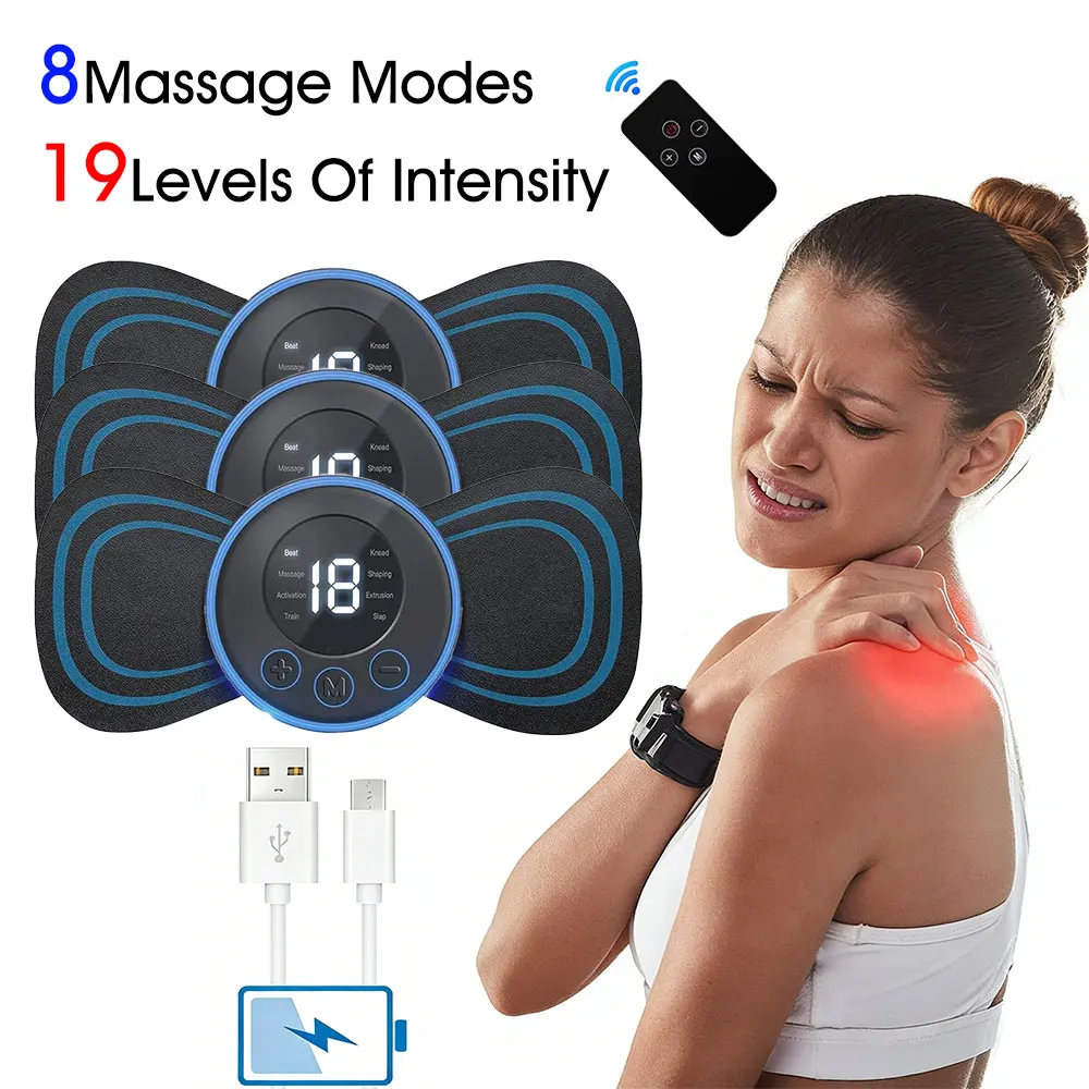 

Электрический массажер для шеи с 19 уровнями интенсивности, мини-стимулятор для шейного отдела и спины, портативный массажный коврик с гелевыми накладками-стикерами Slim