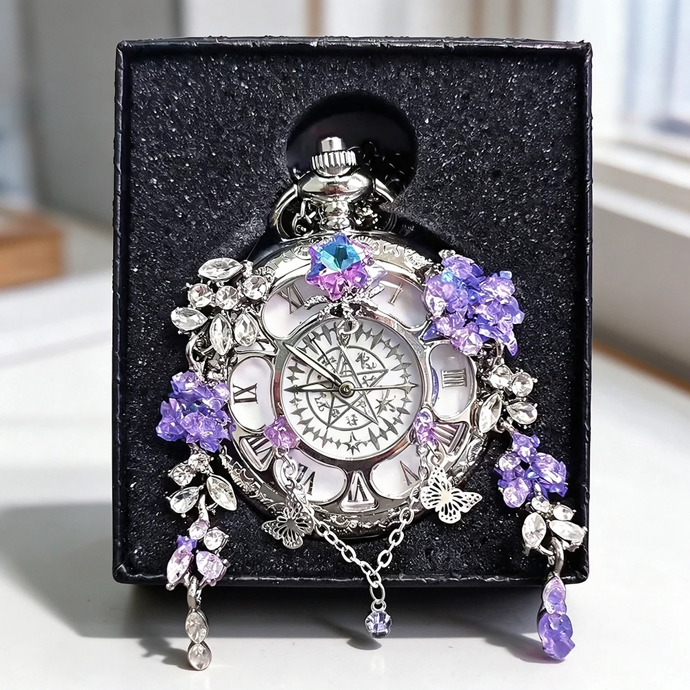 Crystals Butterflies Pocket Watches Decorative Floral Pocketwatch Necklace Exquisite Vintage Gothic Design Anniversaries Gift