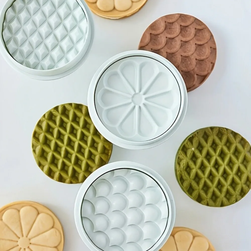 3pcs Lemon-Shaped Round Pattern Cookie Cutter Embosser Set Flower Scale Texture Press Molds for Baking Fondant  Sandwich Cookies