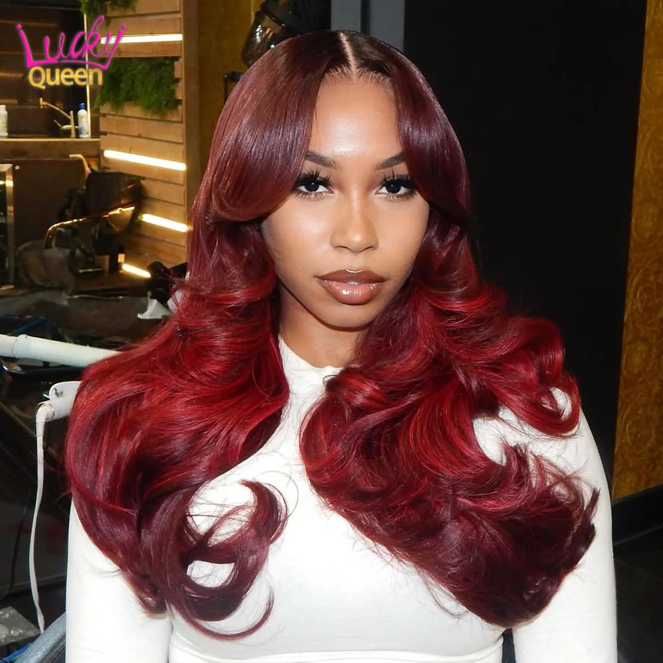 

Burgundy Red Highlight Layers Pre Plucked Human Hair 180Density 7X5 Glueless Body Wave Transparent Lace Frontal Wigs For Women