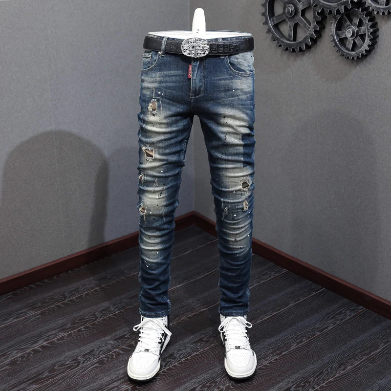 

Italian new denim jeans scratch washed retro elastic slim fit blue jeans street patchwork pants Y2K