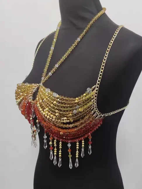 Arnês de lingerie artesanal frisado sutiã halter pescoço transparente borla oco para fora topos corpo beachwear exagerado frisado pescoço sutiã