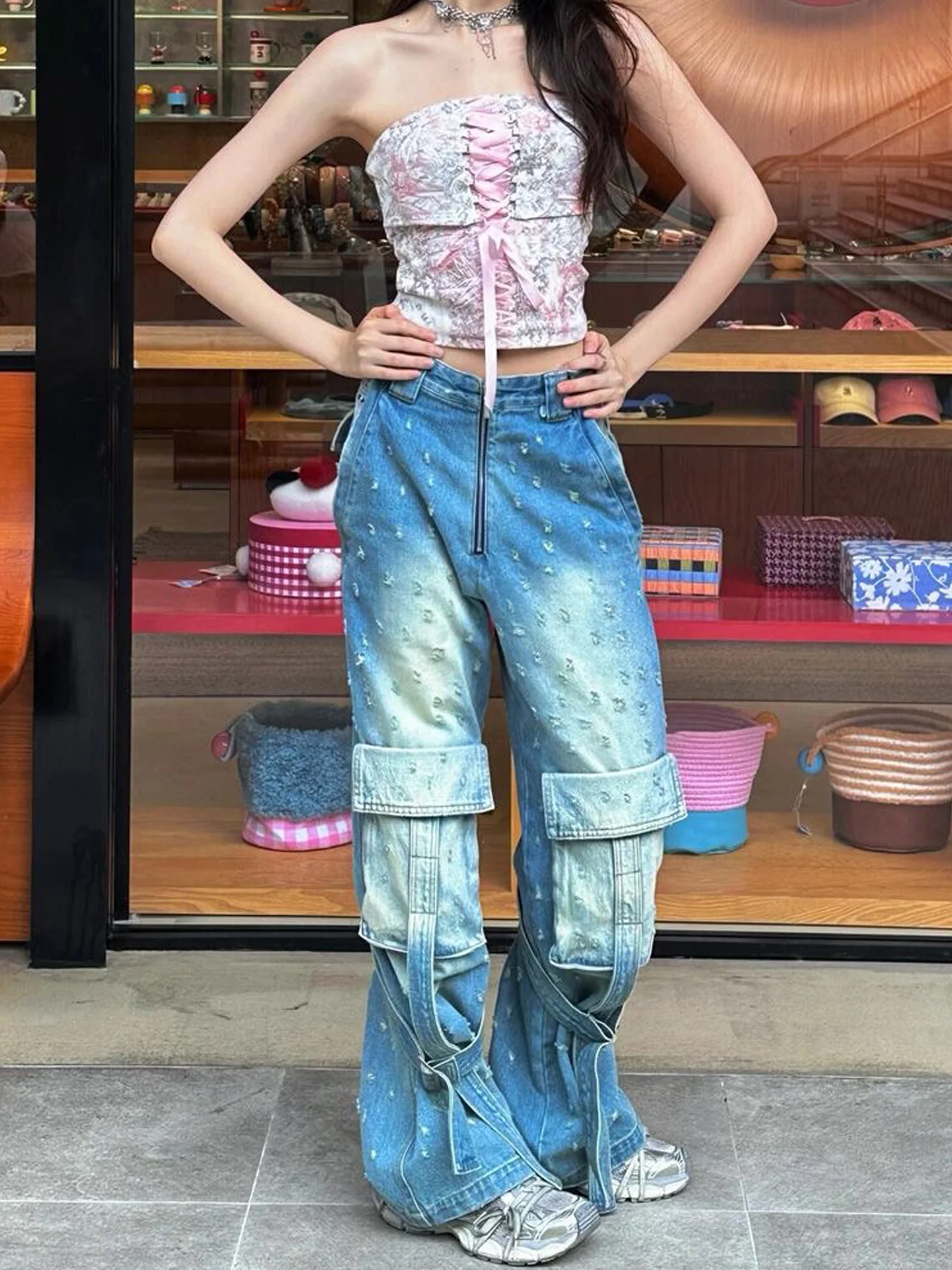 

Retro Style Women's Workwear Denim Pants High Waist Wide Leg Frayed Hem Floor-Length Trousers with Belt Hip Hop Flavor