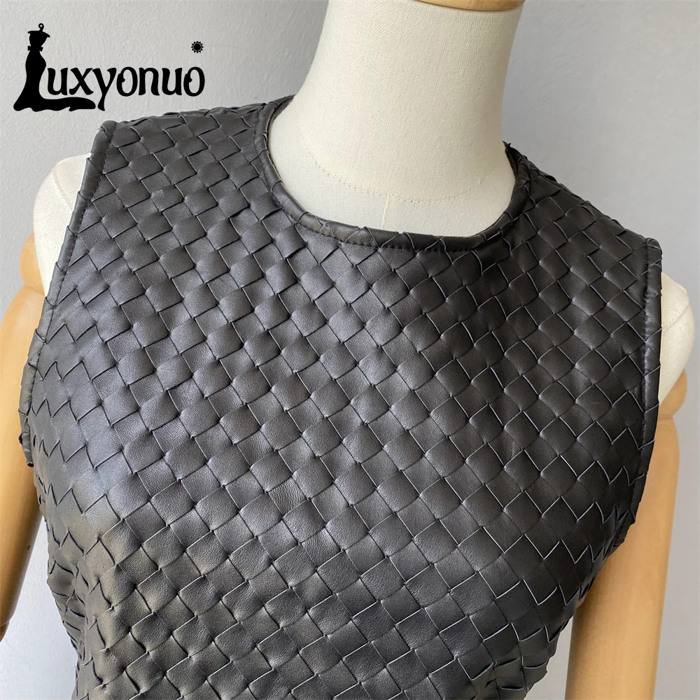 Luxyonuo Women's Real Leather Dress Ladies Spring Weave Sheepskin Sleeveless Dress Genuine Leather Vest 2024 Autumn New Arrival