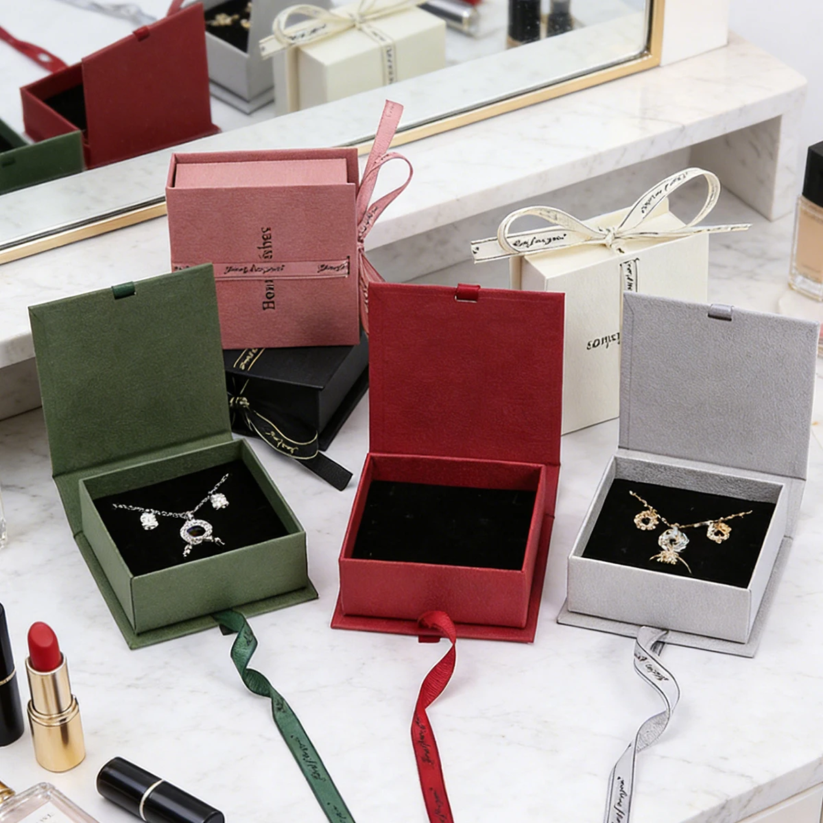 Jewelry Gift Box with Best Wishes Ribbon - Velvet-Lined Organizer Multi-Color Portable Storage for Gifting & Vanity