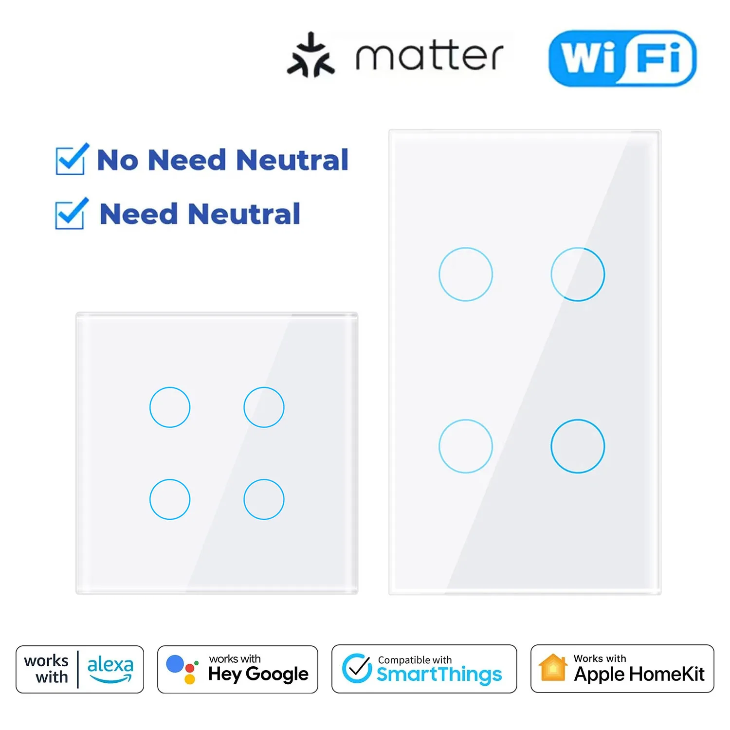 Matter Homekit WiFi الذكية ضوء اللمس الجدار التبديل 1 2 3 4 عصابة 2-way التحكم التبديل دعم Siri SmartThings أليكسا جوجل المنزل