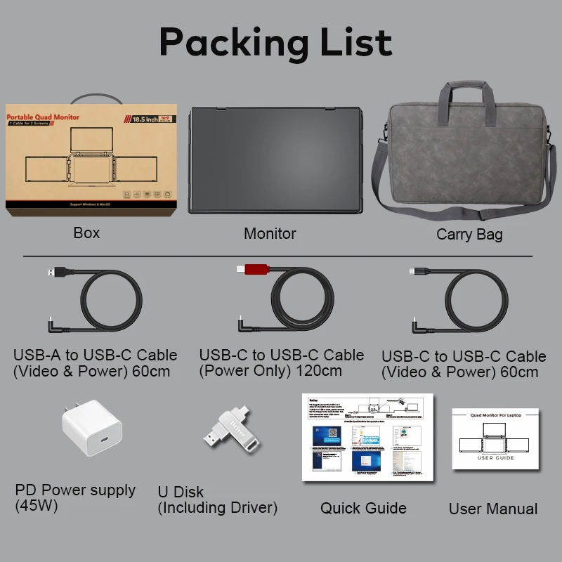 Exclusive First Release 18.5 Inch Portable Quad Monitor for Laptop Office 1 Cable for 3 Displays Type-C No Screen Switching view 6