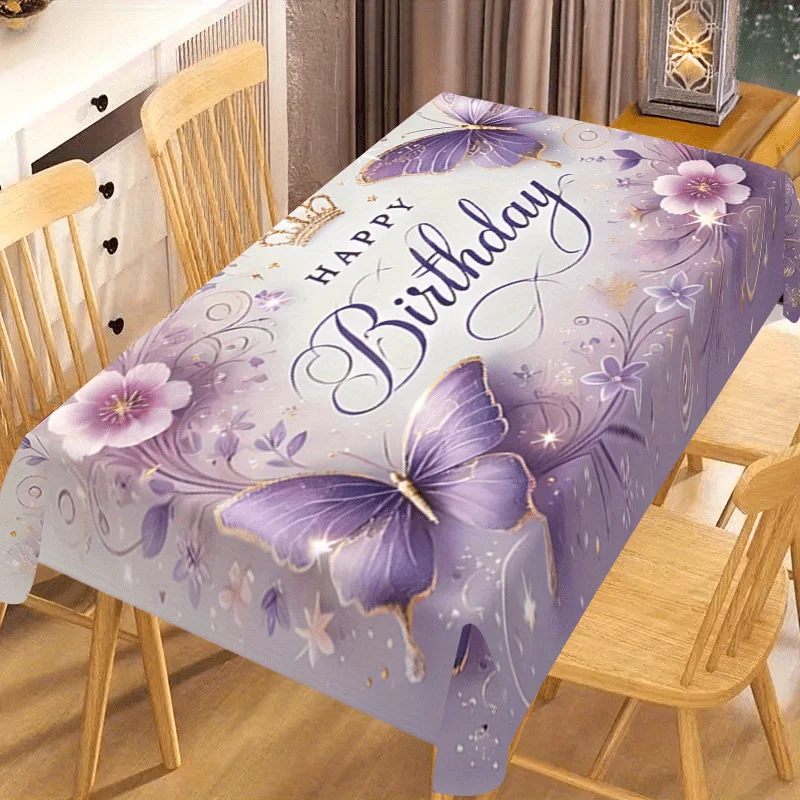 1Pc Purple Butterfly Floral Happy Birthday Tablecloth Lavender Print Table Cover For Party Celebration Decorative