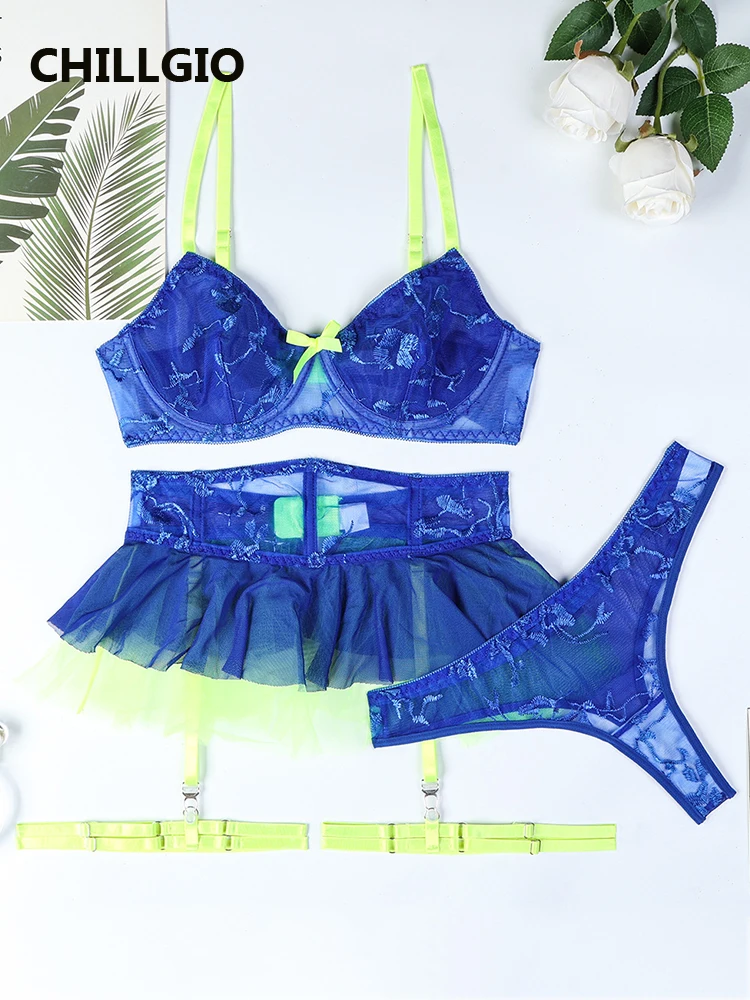 

CHILLGIO Sexy Underwears Women Set Blue Charming Transparent Lingerie Complete Intimate Woman Mesh Underwear Bra And Panties Set