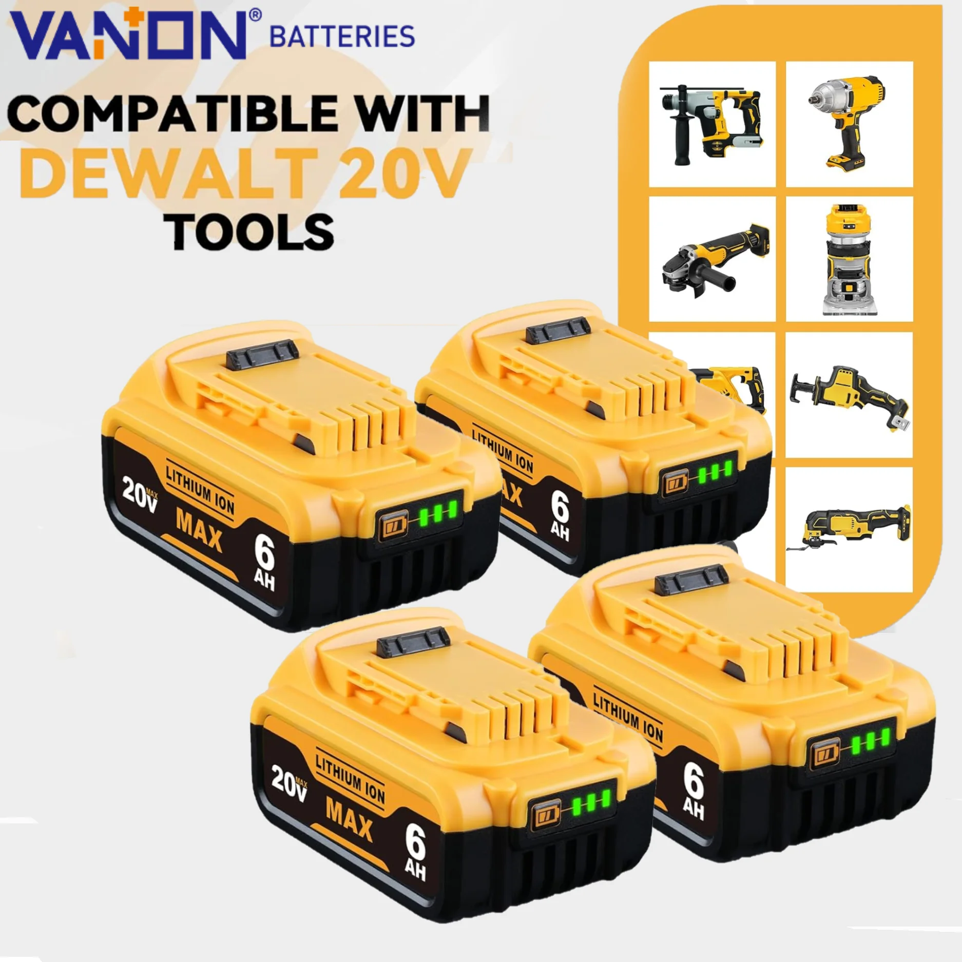 

VANON 4 шт. DCB205 20 В 6,0 Ач Замена аккумулятора для Dewalt 20 В DCB206 DCB205 DCB204 Электроинструмент Li-on аккумулятор pin