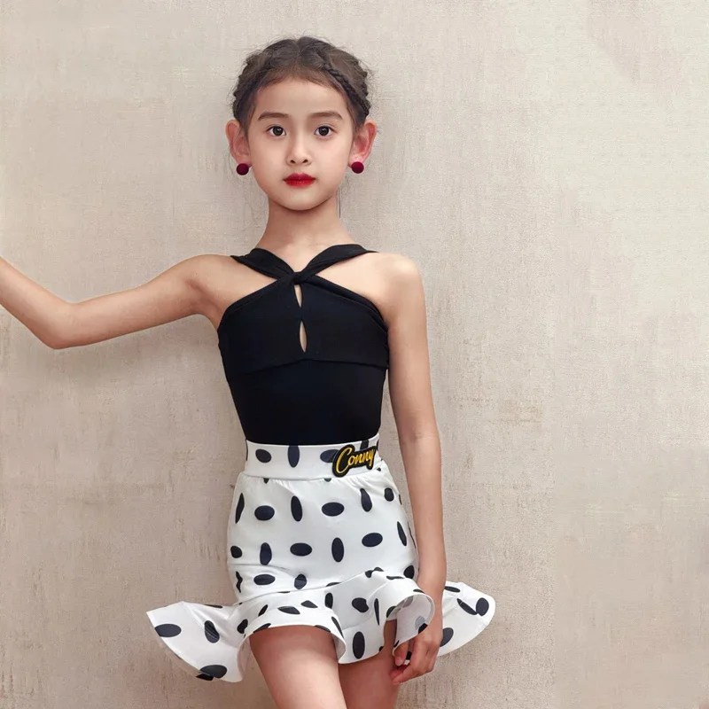 

Off Shoulder Latin Dance Wear Tango Practice Clothing Black Polka Dot Dancing Skirt Salsa Training Clothing Dance Dress
