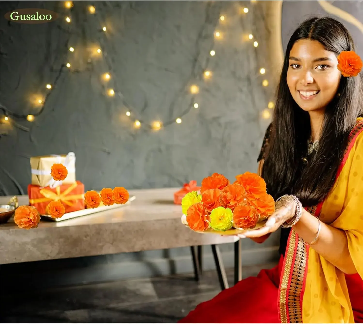 Flores artificiales De caléndula mexicana, decoración para el Día De Los Muertos, Diwali, manualidades para el hogar, fiesta De Halloween, 50 piezas