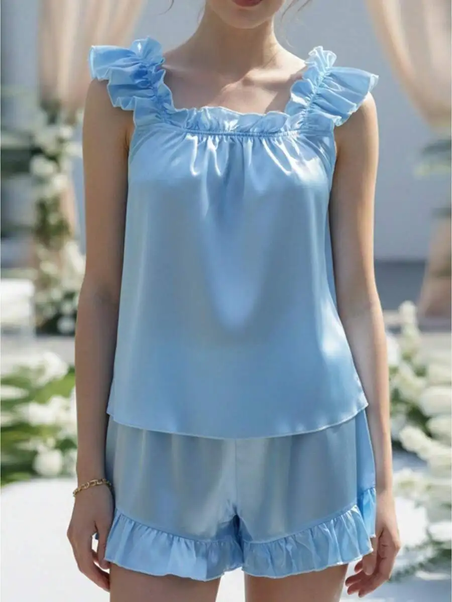 

Womens Satin Pajama Set Loose Fit Ruffled Trim Top And Shorts Lounge Wear