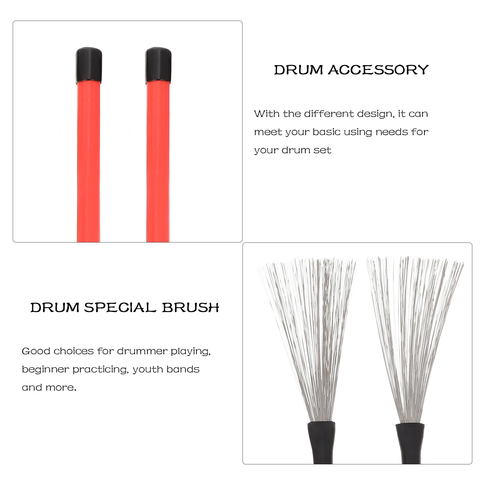 

1Set Drum Stick Wire Brush Comfortable Handle Strong Durability Jazz Drum Set Accessory Fine Bristles Articulation Volume
