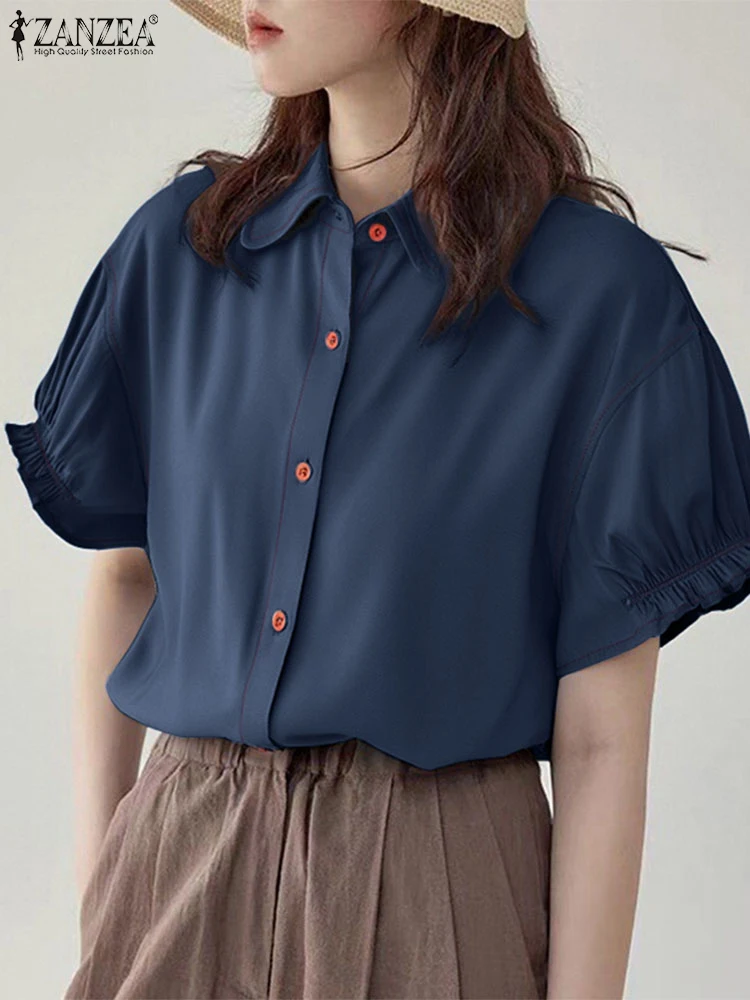 

ZANZEA Denim Blusas Women Short Puff Sleeve Tops 2025 Fashion Shirts OL Work Summer Lapel Neck Casual Solid Color Blouse