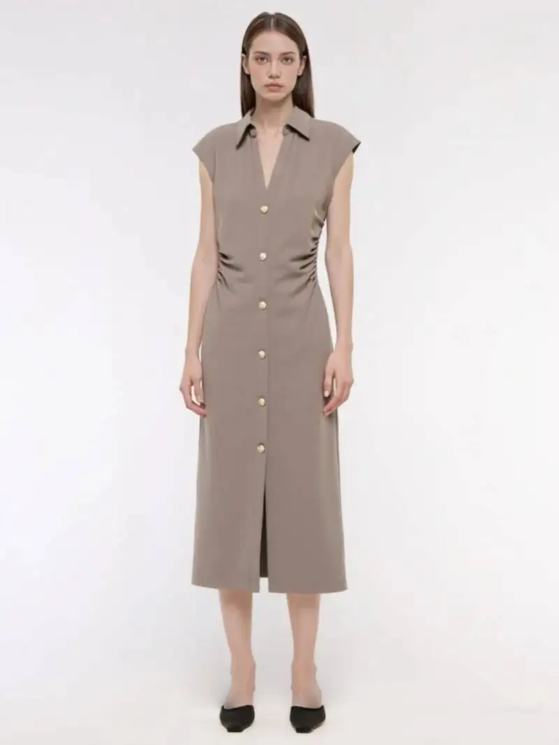 Nowa kolekcja wiosna-lato 2025: elegancka damska sukienka w stylu koszuli z koralikami, z krótkim rękawem, dekoltem w serek, dopasowana, długa spódnica MX4A