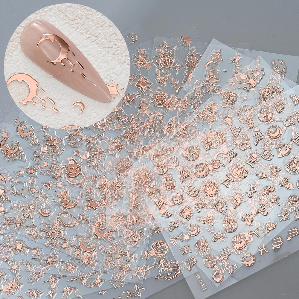 1 unidad de pegatinas 3D de oro rosa para uñas, sol, estrella, Luna, Y2K, serpiente, gato, calcomanías autoadhesivas, bronceador, luz de estrellas, corazón, deslizadores de manicura DIY