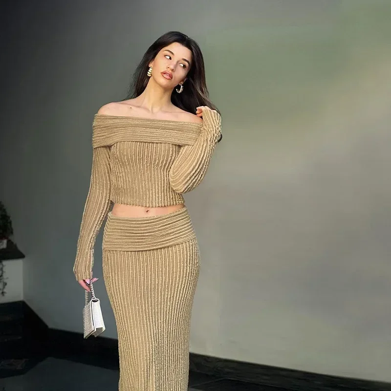 Ueteey Knitted Two Piece Skirt Sets Autumn Outfits Women Off the Shoulder Long Sleeves Crop Tops + Bodycon Skirts Suit Khaki