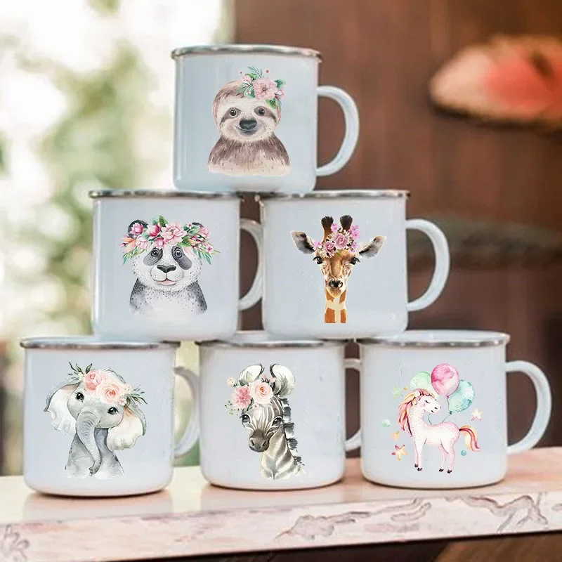 

Cute Animal Letter Print Mugs Creative Glass Coffee Tea Cup Drinks Dessert Breakfast Milk Cup Enamel Mugs Handle Drinkware Gifts