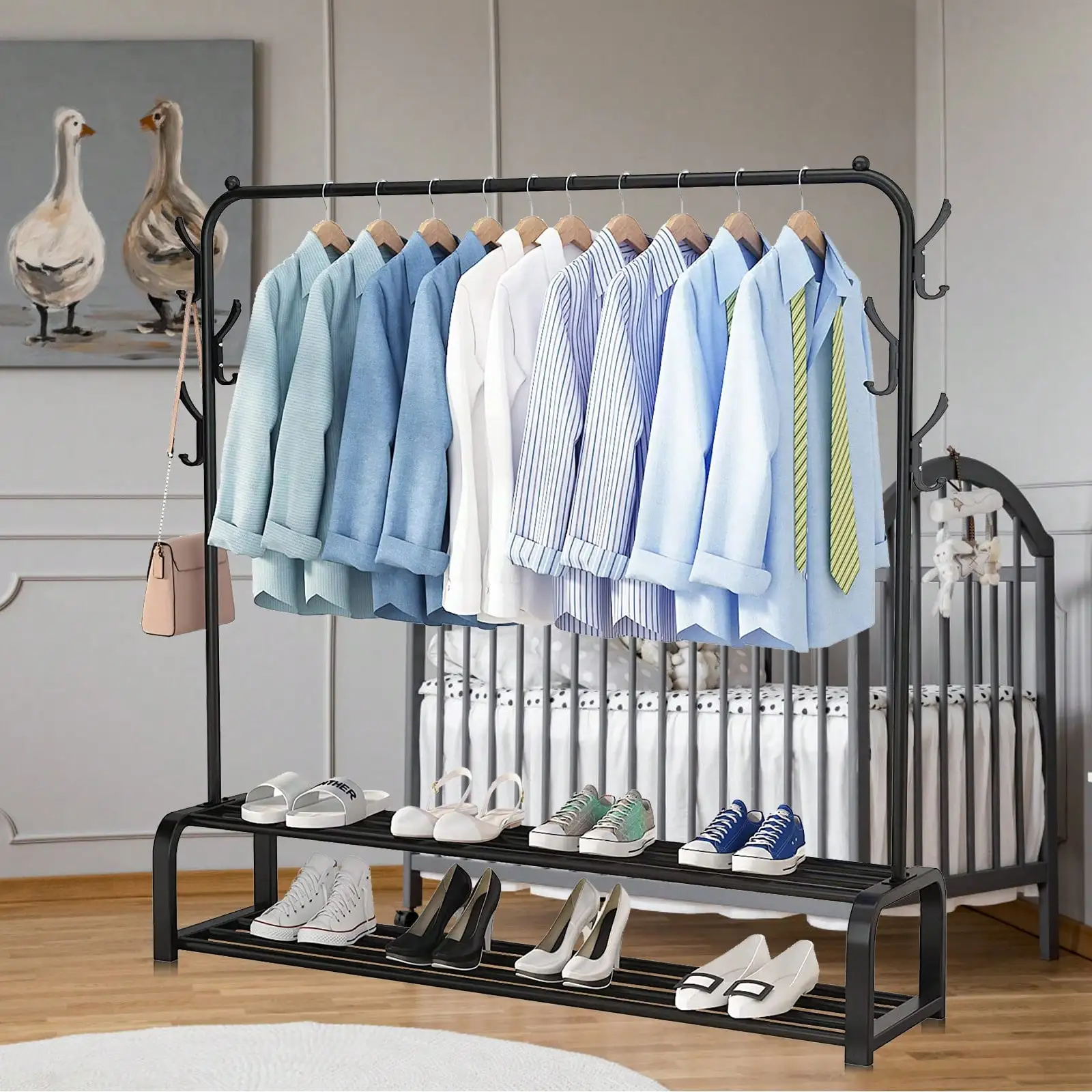 

Metal Clothes Rack Garment Rack For Hanging Clothes, Clothing Garment Rack With 4 Hooks, Clothing Racks Or Hanging Racks, Black,