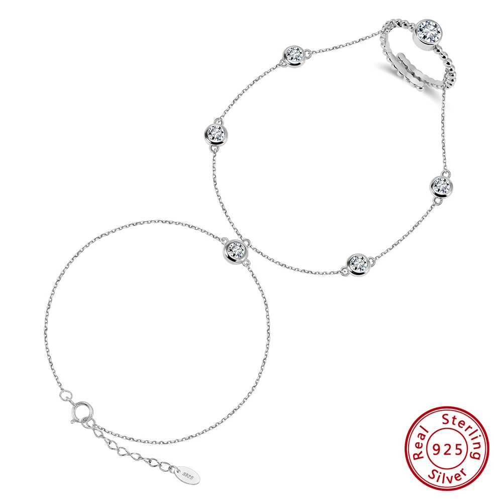 

KISS MANDY 925 Sterling Silver 5A CZ Bead Chain Bracelet Trendy Ring Bracelet Hand Chain Finger Slave Cuff Bracelet Gift APV05