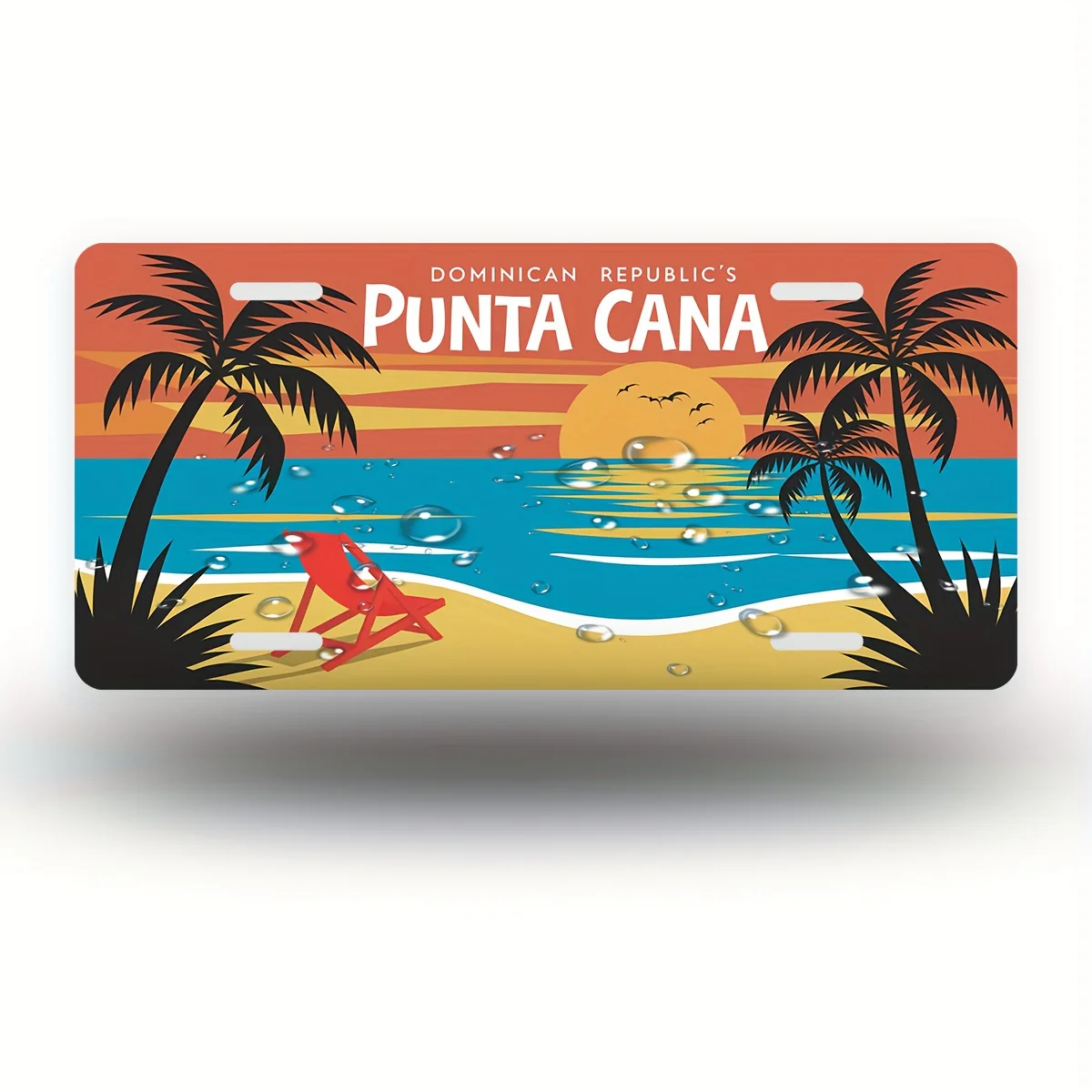 Décoration murale en métal 2D plate, 6"x12" Punta Cana République Dominicaine - Panneau rétro de plage des Caraïbes avec palmiers, eaux turquoise et Do
