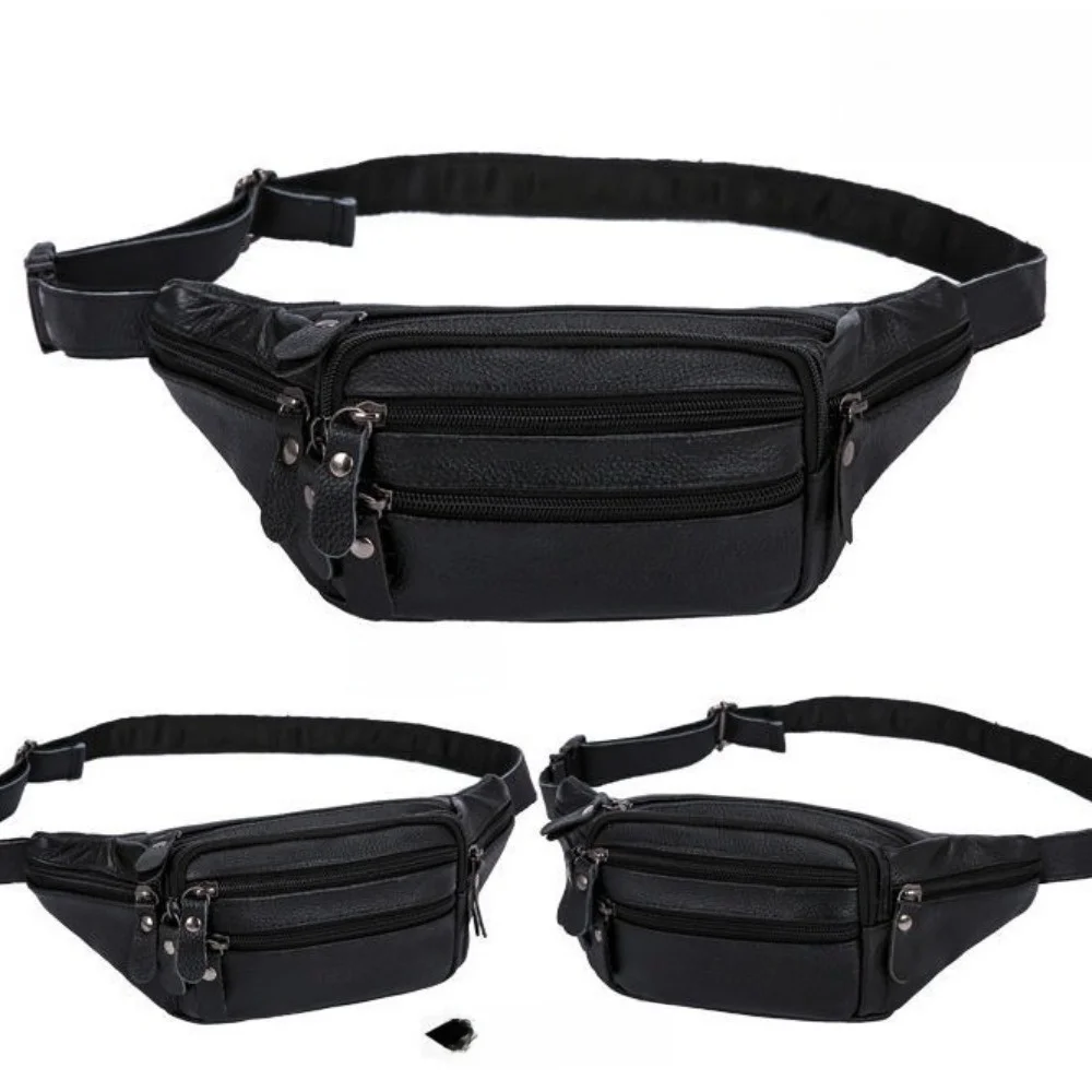 Solid Color Genuine Leather Fanny Bag Adjustable Buckle Strap Waterproof Travel Waist Bag Multi-layered Zipper Men's Chest Pouch