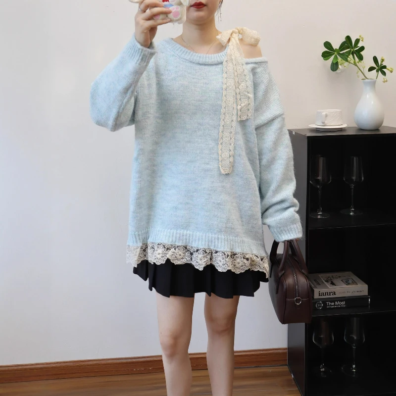 

Sweater Long Sleeve Knit Irregular Pullovers Vintage Loose Round Neck Bow Thick Jumpers Elegant Off Shoulder Autumn Winter