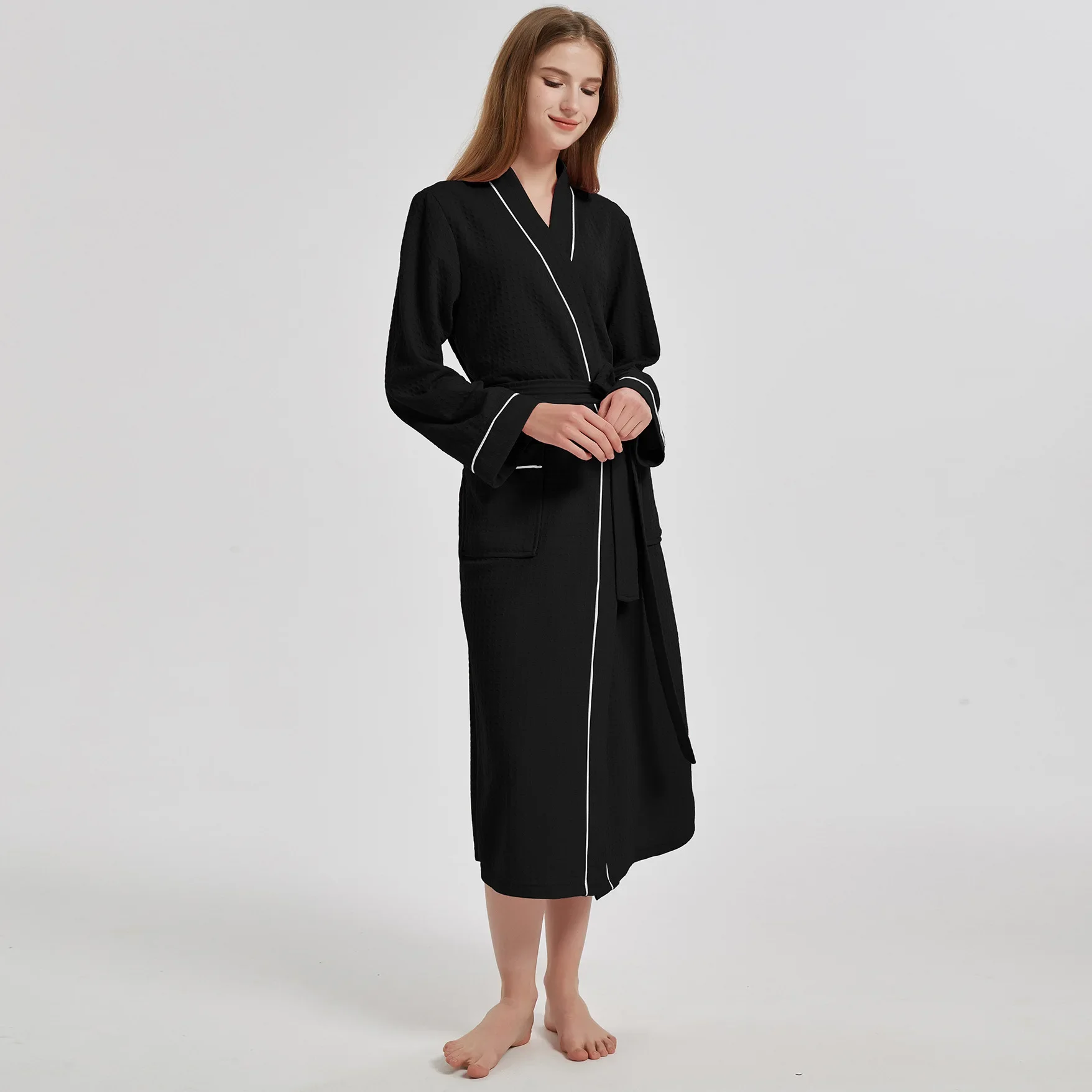 At Casual Couple Robe Homewear pour femme, Kimono long gaufré, Peignoir, Vêtements de nuit, Chemise de nuit, Vêtements de détente, Printemps, Automne, Nouveau