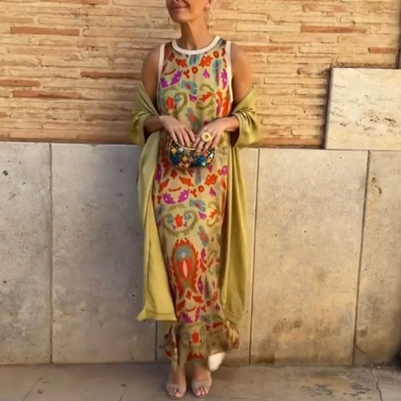 Set da 2 pezzi Boho con stampa etnica retrò per donna, abito lungo senza maniche con scollo a O e cardigan lungo, abiti da vacanza primaverili autunnali
