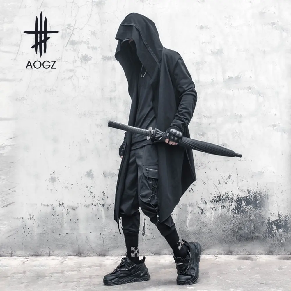 AOGZ Cross Irregular Mid Length Hooded Jacket Autumn Tactical Jacket Mens Hip Hop Streetwear Loose Outwear Techwear Coat Cotton