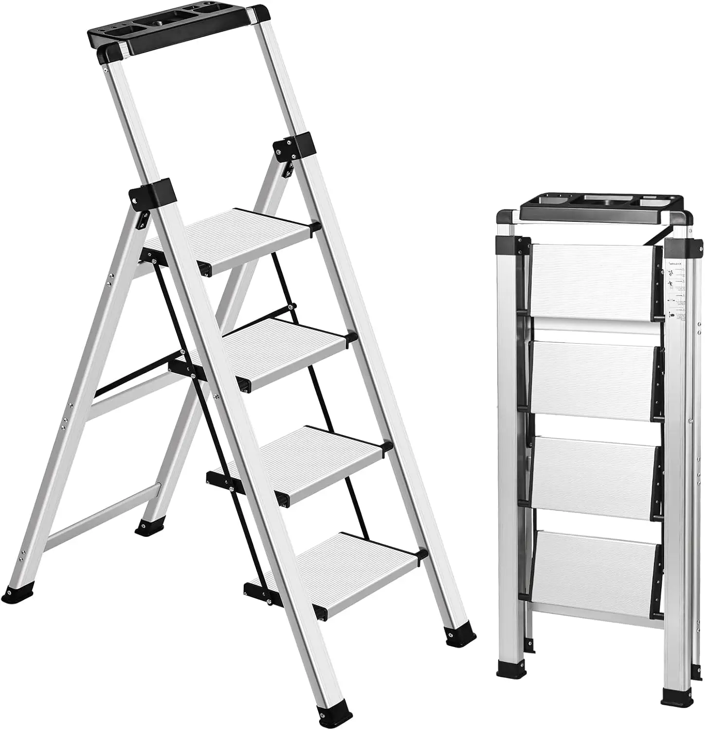 Escalera Plegable de 4 Peldaños con Agarre Retráctil, Peldaños Anchos Antideslizantes, Capacidad de 330 lb para Uso Doméstico