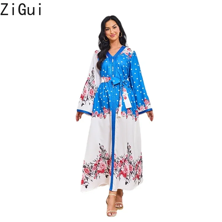 Zigui Evening  Prom V Neck Button Red Flower Kaftan Dresses Muslim Womens Dubai Abaya Luxury Print Blue White  Dress