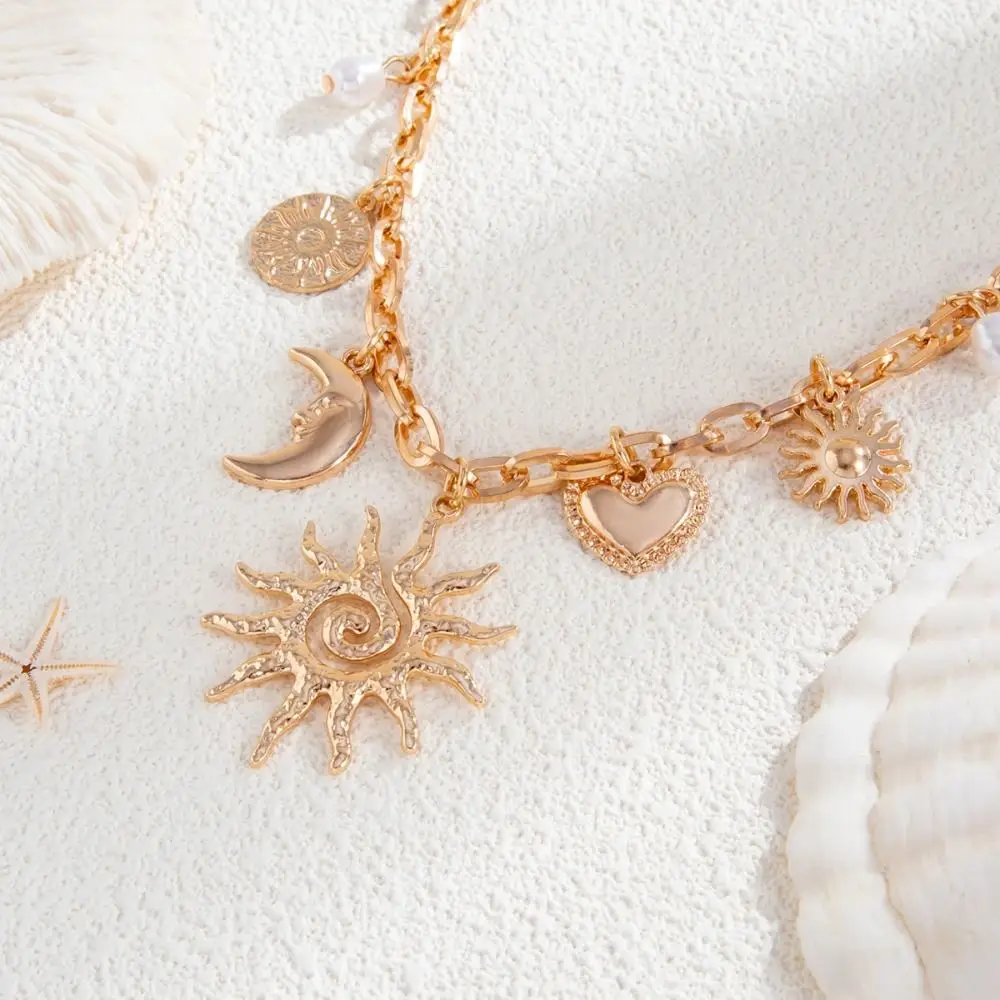 الإبداعية الأزياء الشمس القمر قلادة خمر القلب سلاسل المختنق سبيكة الرجعية المبالغة قلادة الشاطئ