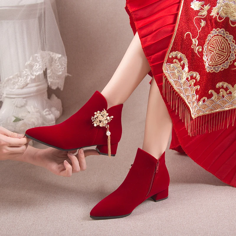 Red Wedding Bridal Shoes 2024 Winter Women\'s Boots Stylish Pointed Toe High Heel Ankle Boots Female Elegant Dress Banquet Shoes