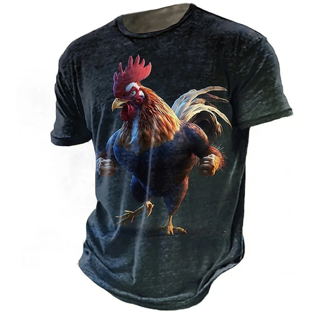 Summer Vintage Cartoon Rooster Print T Shirts For Men Streetwear Comfortable Crew Neck Short Sleeve Tees Casual Sports Tops 3XL