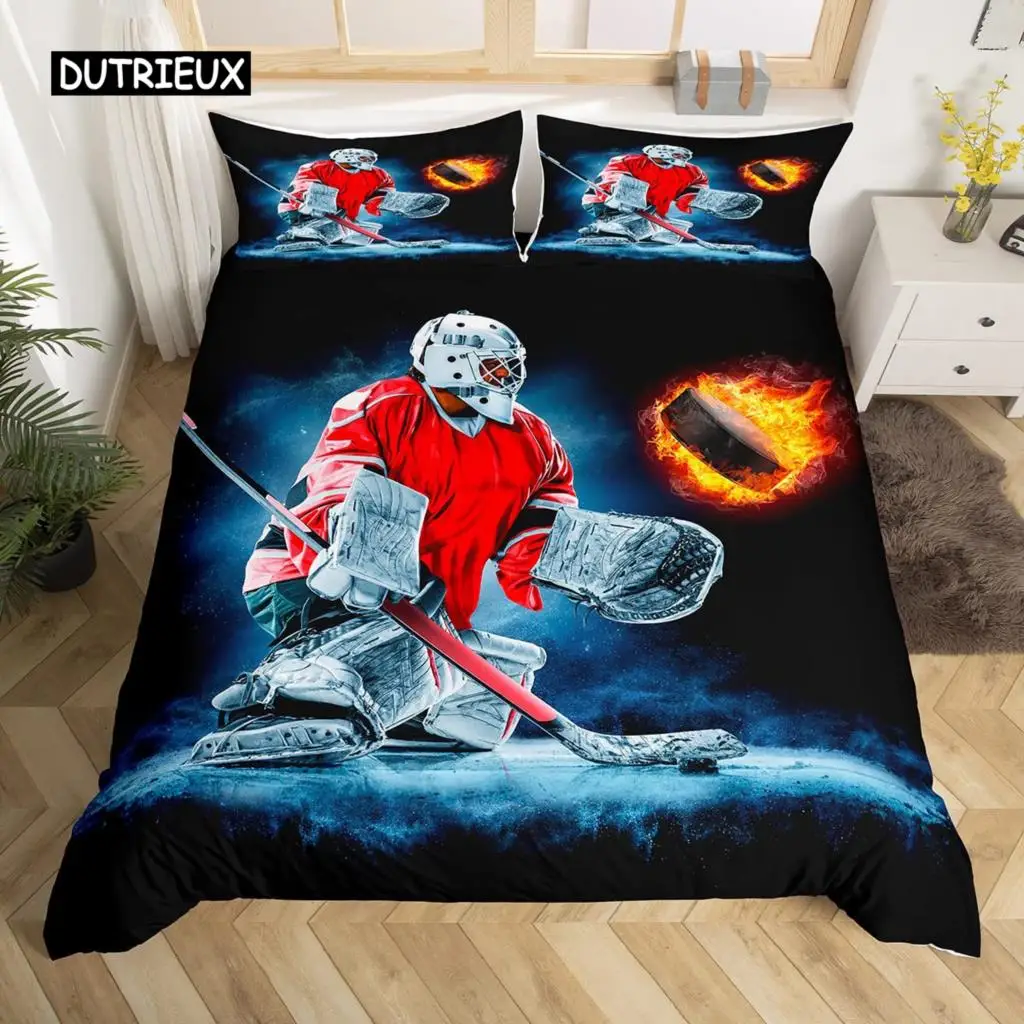 

Hockey Duvet Cover Set 2/3pcs Hockey Sports Comforter Cover Polyester Hockey Puck Ball King Queen Size Quilt Cover for Kids Boys